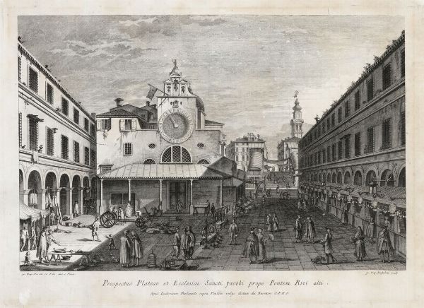Giovan Battista Brustolon : Prospectus Plateae et Ecclesiae Sancti Jacobi prope Pontem Rivi alti.  - Asta Stampe, disegni e dipinti antichi, moderni e contemporanei   - Associazione Nazionale - Case d'Asta italiane