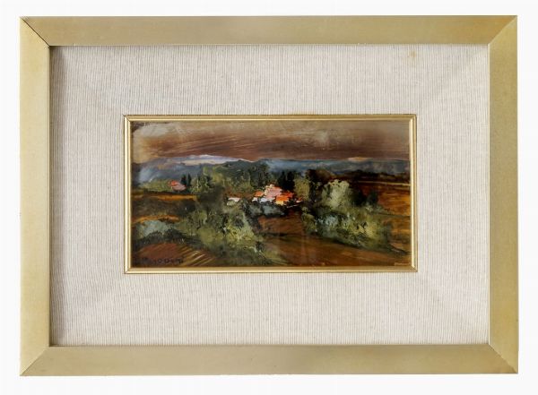 LUCIANO PASQUINI : Paesaggio con case.  - Asta Stampe, disegni e dipinti antichi, moderni e contemporanei   - Associazione Nazionale - Case d'Asta italiane