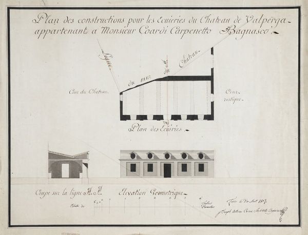 JOSEPH ANTOINE CERONI : Plan des constructions pour les ecuieries du Chateau de Valperga appartenant a Monsieur Coardi Carpenetto Bagnasco.  - Asta Stampe, disegni e dipinti antichi, moderni e contemporanei   - Associazione Nazionale - Case d'Asta italiane
