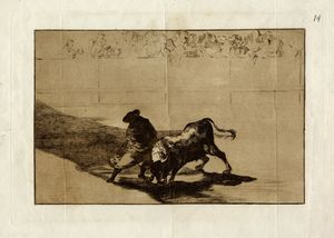 FRANCISCO GOYA Y LUCIENTES - El diestrisimo estudiante de Falces, embozadoburla al toro con sus quiebros.