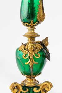 Coppia di importanti candelieri in vetro soffiato di Murano con montatura in bronzo dorato. Veneto, primo quarto del XVII secolo  - Asta Villa di Maser. Storia di una casa e di una famiglia - Associazione Nazionale - Case d'Asta italiane