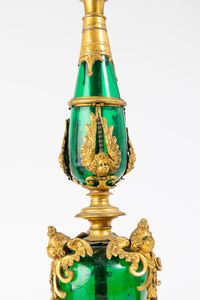 Coppia di importanti candelieri in vetro soffiato di Murano con montatura in bronzo dorato. Veneto, primo quarto del XVII secolo  - Asta Villa di Maser. Storia di una casa e di una famiglia - Associazione Nazionale - Case d'Asta italiane