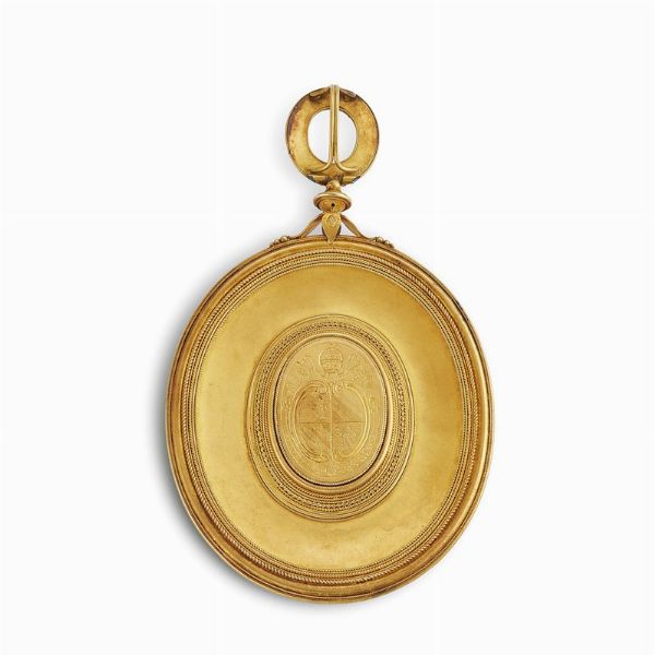 PENDENTE PETTORALE CON EFFIGIE DEL PROFILO DI PAPA PIO IX, XIX SECOLO  - Asta Opere di eccezionale interesse storico artistico  - Associazione Nazionale - Case d'Asta italiane