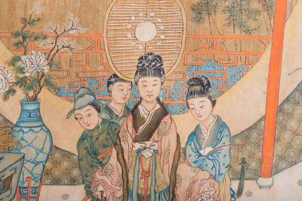 Arte Cinese : Coppia di dipinti a tempera su seta raffiguranti scene di vita cortese in un esterno  Cina, dinastia Qing, XIX secolo  - Asta Asta 373 | ARTE ORIENTALE E ISLAMICA - ARTE ORIENALE E WUNDERKAMMER Online - Associazione Nazionale - Case d'Asta italiane