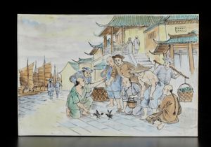 Arte Cinese - Placca in porcellana raffigurante un combattimento tra galli Cina, periodo Repubblica