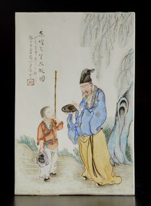 Arte Cinese - Placca dipinta,'' vecchio e bambino'' Cina, periodo Repubblica