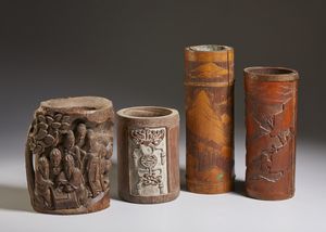 Arte Cinese - Gruppo di quattro portapennelli (bitong)  in bamboo  Cina, dinastia Qing, XIX secolo