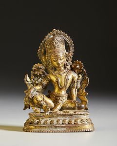 Arte Himalayana - Figura di Indra in bronzo dorato  Nepal, XVIII secolo