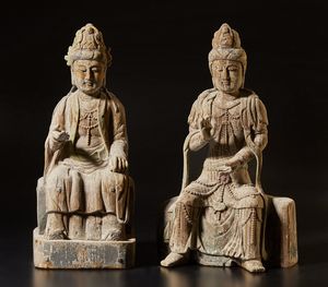Arte Cinese - Coppia di Guanyin in legno  Cina, inizi XX secolo