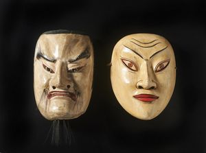 ARTE GIAPPONESE - Coppia di maschere del teatro Noh Giappone, periodo Taisho, inizio XX secolo