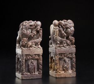 Arte Cinese - Coppia di sigilli in pietra  Cina, dinastia Qing, XIX secolo