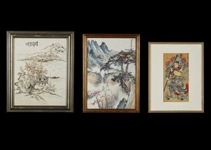 Arte Cinese - Tre dipinti in cornice Cina, XX secolo