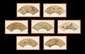 Arte Cinese - Sette ventagli realizzati a stampa entro cornice Cina, XX secolo