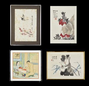 Arte Cinese - Quattro dipinti incorniciati Cina, XIX-inizio XX secolo