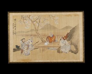 Arte Cinese : Un ricamo e due dipinti entro cornice Cina, dinastia Qing, XIX secolo  - Asta Asta 373 | ARTE ORIENTALE E ISLAMICA - ARTE ORIENALE E WUNDERKAMMER Online - Associazione Nazionale - Case d'Asta italiane