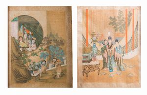 Arte Cinese - Coppia di dipinti a tempera su seta raffiguranti scene di vita cortese in un esterno  Cina, dinastia Qing, XIX secolo