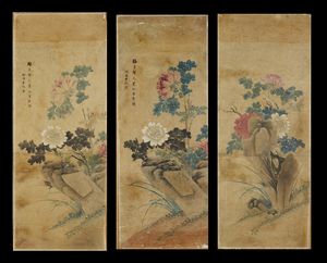 Arte Cinese - Serie di tre dipinti su carta a soggetto floreale  Cina, dinastia Qing, XIX secolo
