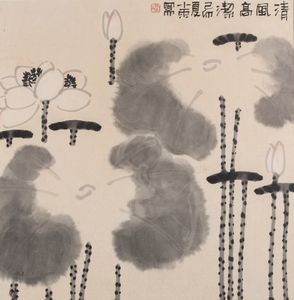 Arte Cinese - Dipinto su carta raffigurante dei fiori di loto stilizzati firmato da Mao Xiayu Cina, XX secolo