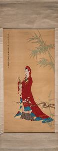 Arte Cinese - Dipinto su seta raffigurante con Guanyin con mantello rosso  Cina, dinastia Qing, XIX secolo