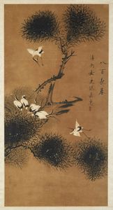 Arte Cinese - Dipinto in cornice con aironi  Cina, dinastia Qing, XIX secolo