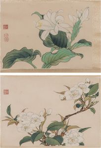 Arte Cinese - Coppia di dipinti su carta raffiguranti fiori  Cina, tardo XIX secolo