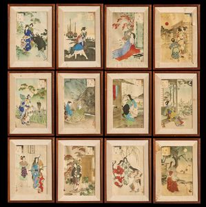 ARTE GIAPPONESE - Gruppo di dodici stampe giapponesi  Giappone, epoca Meiji, XIX secolo