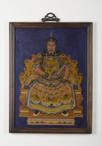 Arte Cinese - Dipinto su vetro raffigurante imperatore Qing su sfondo blu  Cina, XIX secolo
