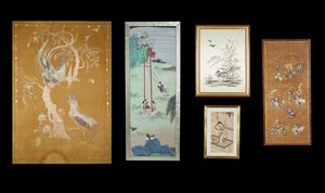 Arte Cinese - Lotto composto da quattro dipinti ed un grande ricamo Cina, XIX-XX secolo