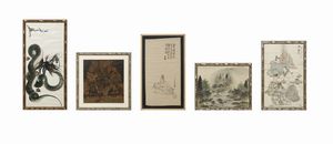 Arte Cinese - Gruppo di cinque dipinti Cina e Giappone, XX secolo