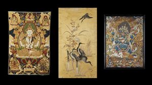 Arte Himalayana - Lotto composto da due thangka ricamate ed un ricamo  Nepal e Cina, XIX - XX secolo