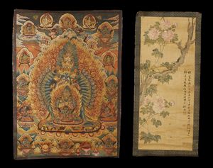 Arte Himalayana - Dipinto con fiori e thangka con divinit� irata  Cina e Nepal, XIX - XX secolo