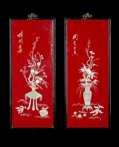 Arte Cinese - Coppia di pannelli in lacca e madreperla Cina, inizi XX secolo