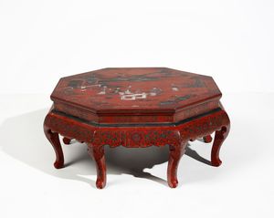 Arte Cinese - Grande tavolo ottagonale in lacca rossa  Cina, inizi XX secolo