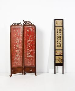 Arte Cinese - Lotto composto da paravento a due ante e pannello in marmi dipinti  Cina, dinastia Qing, XIX secolo