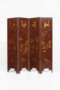 Arte Cinese - Paravento composto da quattro pannelli in lacca rossa  Cina, dinastia Qing, XIX secolo