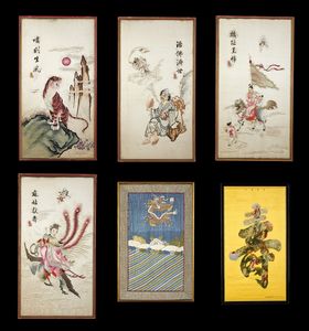 Arte Cinese - Gruppo di ricami e stampa entro cornice Cina, XX secolo