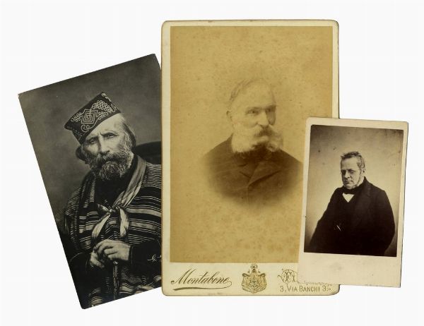 Raccolta di 13 albumine che ritraggono Giuseppe Garibaldi, Giuseppe Mazzini, Camillo Cavour, Francesco Crispi, Terenzio Mamiani, Aurelio Saffi, Pasquale Mancini, Carlo Poerio, Carlo Cattaneo.  - Asta 	Libri, autografi e manoscritti - Associazione Nazionale - Case d'Asta italiane