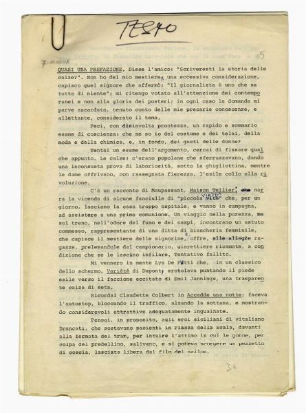 ENZO BIAGI : Testo dattiloscritto sulla storia delle calze da donna, con firma e note autografe.  - Asta 	Libri, autografi e manoscritti - Associazione Nazionale - Case d'Asta italiane