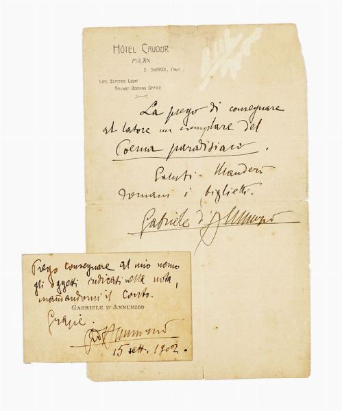 Gabriele D'Annunzio : Breve lettera autografa firmata a e 1 biglietto da visita autografo firmato.  - Asta 	Libri, autografi e manoscritti - Associazione Nazionale - Case d'Asta italiane