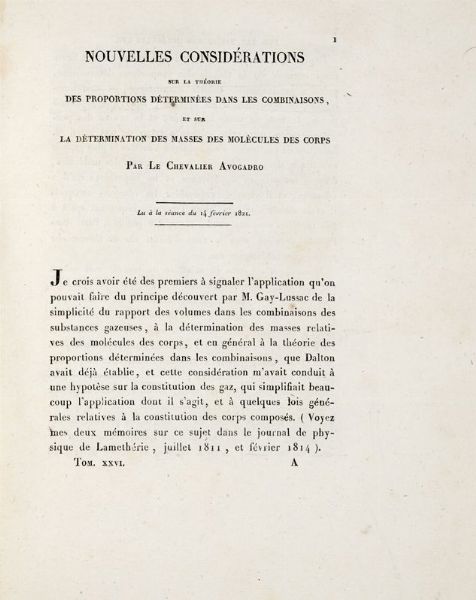 AMEDEO AVOGADRO : [Nouvelles considérations sur la théorie des proportions determinées dans les combinaisons, et sur la détermination des masses des molécules des corps...].  - Asta 	Libri, autografi e manoscritti - Associazione Nazionale - Case d'Asta italiane