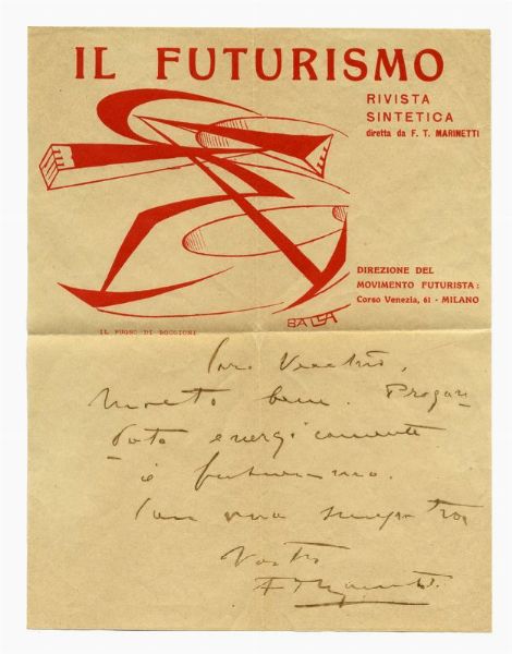 Filippo Tommaso Marinetti : Lettera autografa firmata.  - Asta 	Libri, autografi e manoscritti - Associazione Nazionale - Case d'Asta italiane