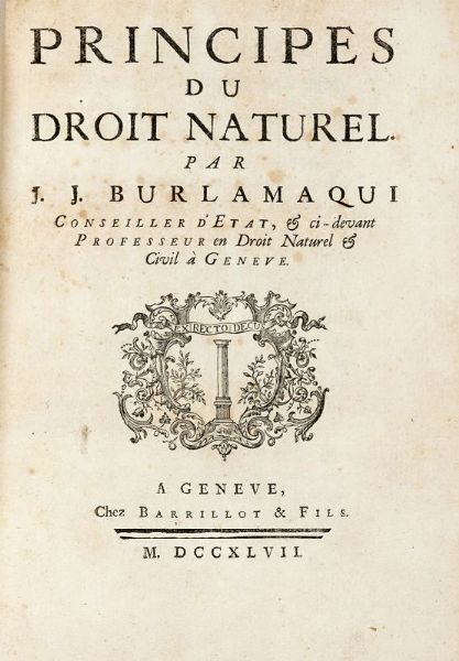 JEAN-JACQUES BURLAMAQUI : Principes du droit naturel.  - Asta 	Libri, autografi e manoscritti - Associazione Nazionale - Case d'Asta italiane