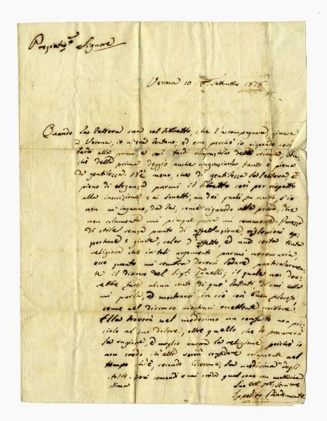 IPPOLITO PINDEMONTE : Lettera autografa firmata inviata a Domenico Gazzadi.  - Asta 	Libri, autografi e manoscritti - Associazione Nazionale - Case d'Asta italiane