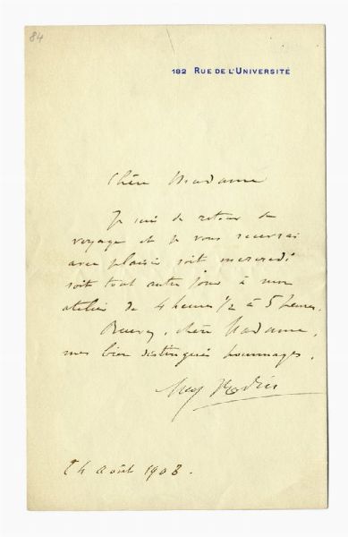 AUGUSTE RODIN : Lettera autografa firmata.  - Asta 	Libri, autografi e manoscritti - Associazione Nazionale - Case d'Asta italiane