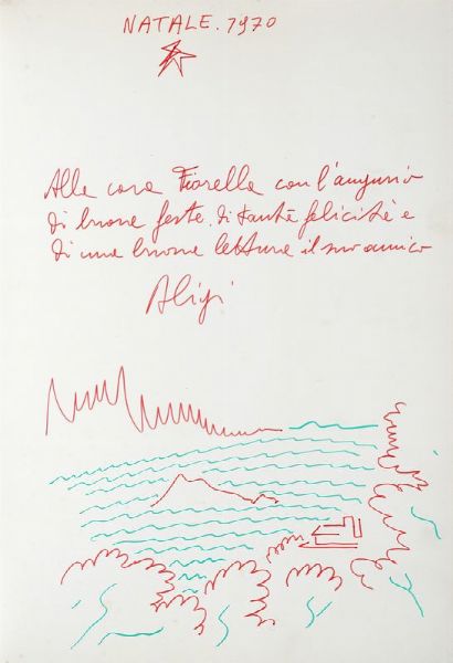ALIGI SASSU : Disegno e dedica autografa su libro.  - Asta 	Libri, autografi e manoscritti - Associazione Nazionale - Case d'Asta italiane
