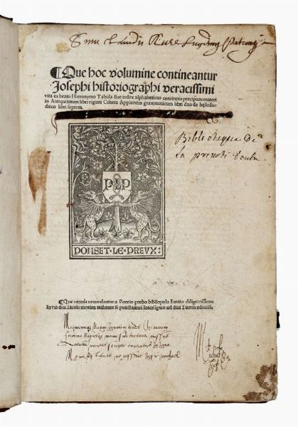 FLAVIUS IOSEPHUS : Que hoc volumine contineantur Josephi historiographi veracissimi vita [...] Antiquitatum libri viginti. Contra Appionem grammmaticum libri duo. De bello Iudaico libri septem...  - Asta 	Libri, autografi e manoscritti - Associazione Nazionale - Case d'Asta italiane