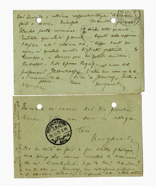 GIUSEPPE UNGARETTI : 2 cartoline postali autografe firmate, inviate ad Enrico Pea, ad Alessandria di Egitto.  - Asta 	Libri, autografi e manoscritti - Associazione Nazionale - Case d'Asta italiane
