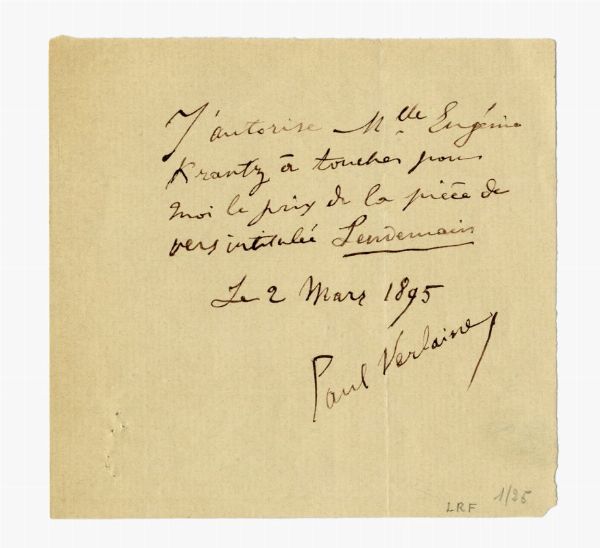 PAUL VERLAINE : Biglietto autografo firmato.  - Asta 	Libri, autografi e manoscritti - Associazione Nazionale - Case d'Asta italiane