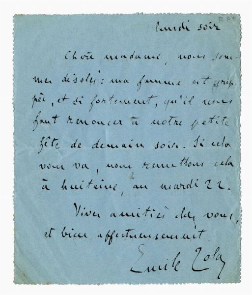 MILE ZOLA : Telegramma autografo firmato inviato a Madame Georges Charpentier.  - Asta 	Libri, autografi e manoscritti - Associazione Nazionale - Case d'Asta italiane