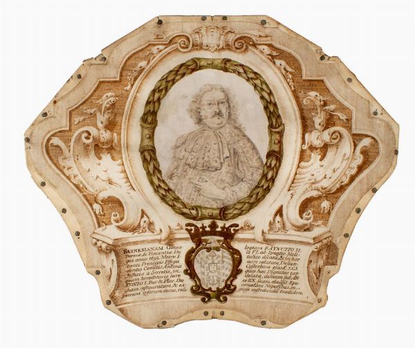 Ritratto di Ranuccio II Farnese - Scrittura in miniatura nel ritratto e nelle figure all'interno del campo dello stemma araldico.  - Asta 	Libri, autografi e manoscritti - Associazione Nazionale - Case d'Asta italiane